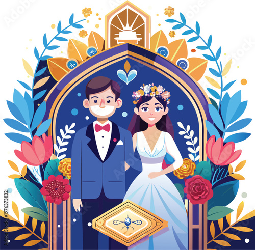 Couple standing in an arched doorway to a room with a decorative wall and flowers