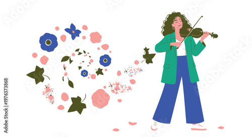 Woman playing violin, floral heart, green jacket, music illustration, vector art