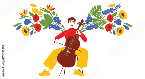 Musician, cello player, floral illustration, colorful vector, musician with flowers