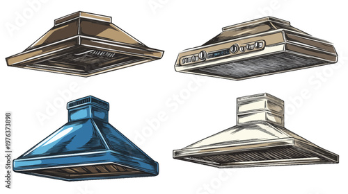 Four stylized range hood illustrations in different colors, showing different designs and styles