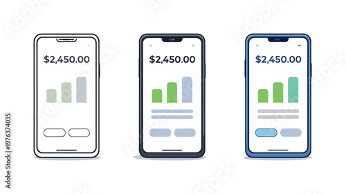 Modern finance scene featuring a mobile phone displaying a generic balance screen shape, identical device form repeated