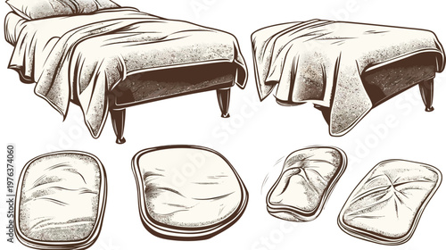 Illustration featuring several beds and cushions with textured shading, created in a sketch style