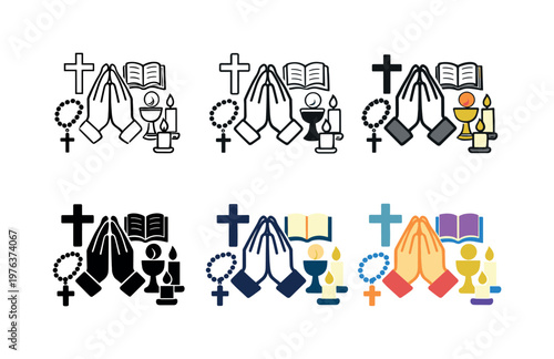 Devotional Icon Grid. Religious devotion icon depicting hands in prayer, sacred objects, candles, and religious symbols