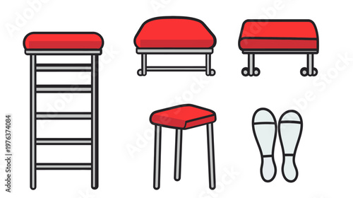 Colorful illustrated set of seating and footprints. Various perspectives on chairs, stools, and shoe prints