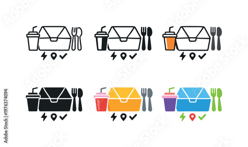 Fast food takeaway icon depicting a stylized food box, disposable utensils, and packaging symbols representing quick meals and