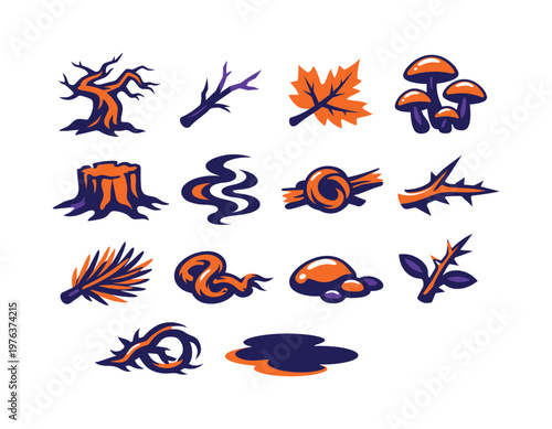 Two-Color vector icons of eerie autumn forest: crooked tree, bare twig, fallen leaf, mushroom cluster, old stump, fog wisp,