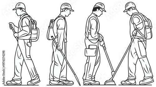 Line art showing four workers in different phases of their job. They have equipment and gear