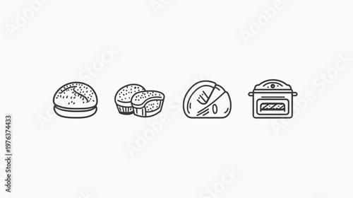 Four isolated line art icons on a white background a bun, muffins, a pie, and a slow cooker