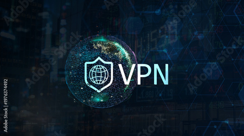 VPN and global network security concept, businessman holding glowing VPN icon with shield and globe over digital tech background