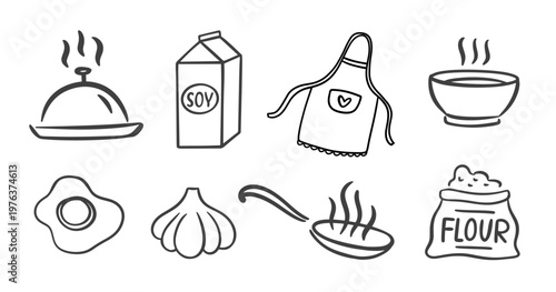 Cooking icon set outline doodle, kitchen elements