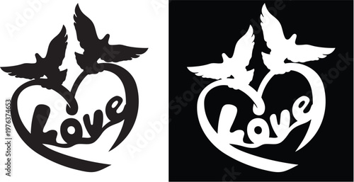 Symbol of Eternal Love: Two doves gracefully soar, their forms intertwined with a heart, symbolizing everlasting love and affection. The word love is elegantly inscribed.