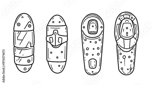 Four stylized illustrations of oblong shapes in a row with varied internal detail