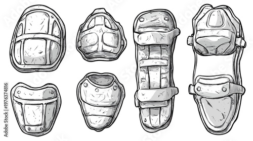 Hand-drawn illustration of various pieces of protective gear, showing different views and angles