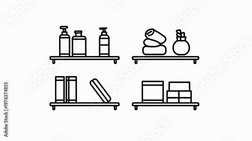 A minimalist illustration of shelves, each containing a set of objects