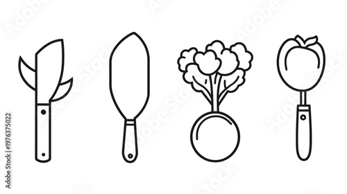 Linear illustration of four cooking tools, including a peeler, spatula, radish, and tomato scoop