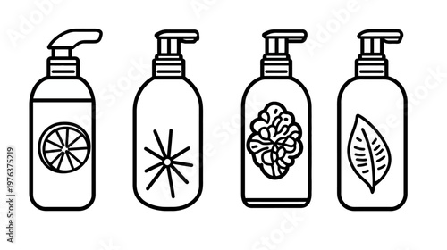 A black and white illustration of four cosmetic bottles with pump dispensers and various decorative elements