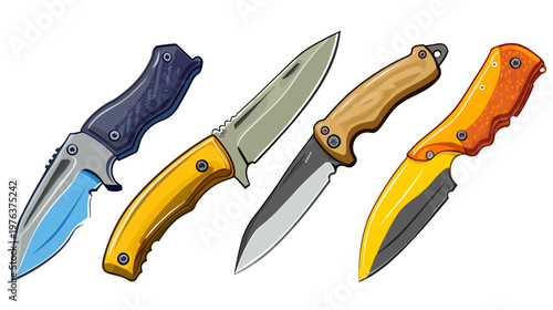 Four detailed illustrations of knives with different designs and handles, isolated on white