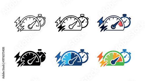Efficiency boost symbol depicting a speedometer, ascending arrow, electric spark, and timer, expressing rapid performance