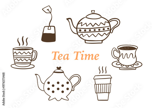 Tea time hand drawn doodle set with teapot