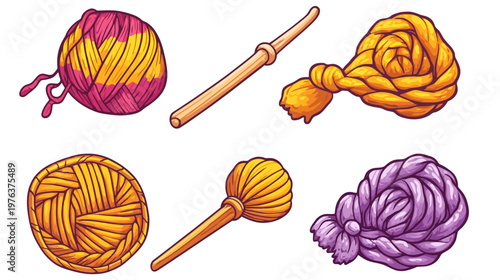 Colorful illustrated set of yarn balls and related items, perfect for crafting or textile projects