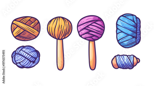 Illustration featuring various colorful yarn balls and objects with different shapes, all isolated