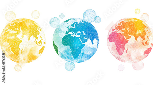 Artistic depiction of Earth globes, rendered in vibrant colors with a fractured, interconnected style