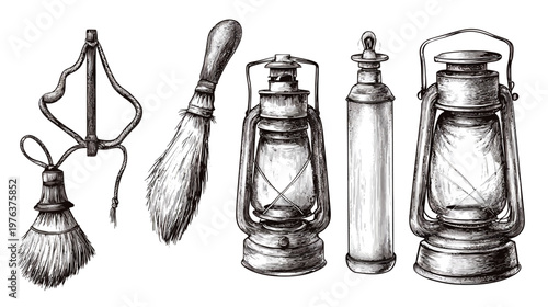 Hand-drawn monochrome illustrations of various antique items, including a brush, lanterns, and a tassel