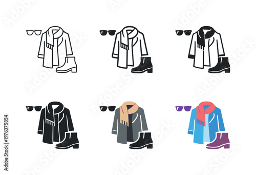 Wardrobe essentials icon combining a coat, scarf, sunglasses, and boot, symbolizing seasonal fashion, style preparation, and