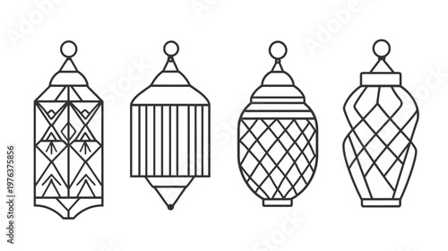 Four stylized lantern illustrations with varied geometric designs and decorative finials