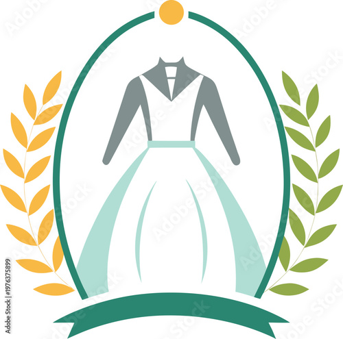 Stylized vintage dress design enclosed in an oval frame with laurel branches and a ribbon