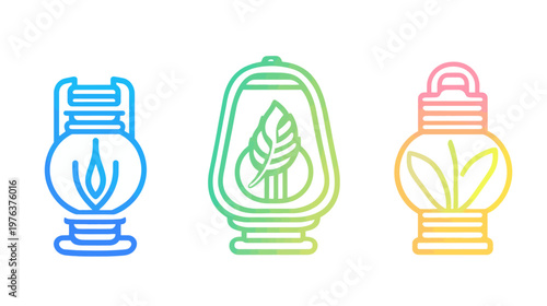 Three gradient-colored lanterns with natural elements. The lanterns include flame, leaves, and stems