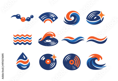 Two-Color vector icons of river–groove motifs expanding the vinyl stream theme: flowing bead, disc arc, river curl, groove glint;