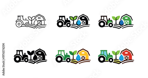 Agritech solutions symbol showing a tractor, sprouting plant, water droplet, and barn, conveying modern farming practices, smart