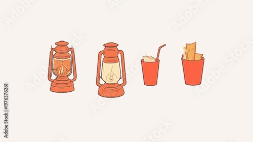 A hand-drawn illustration with camping lanterns, a drink with a straw, and french fries