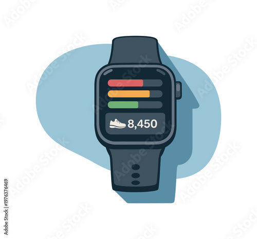Clean smartwatch fitness tracking concept viewed from above with generic smartwatch activity bars step counter tile and wristband
