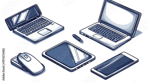 Isometric illustration of a laptop, tablet, phone, mouse, and stylus against a white background
