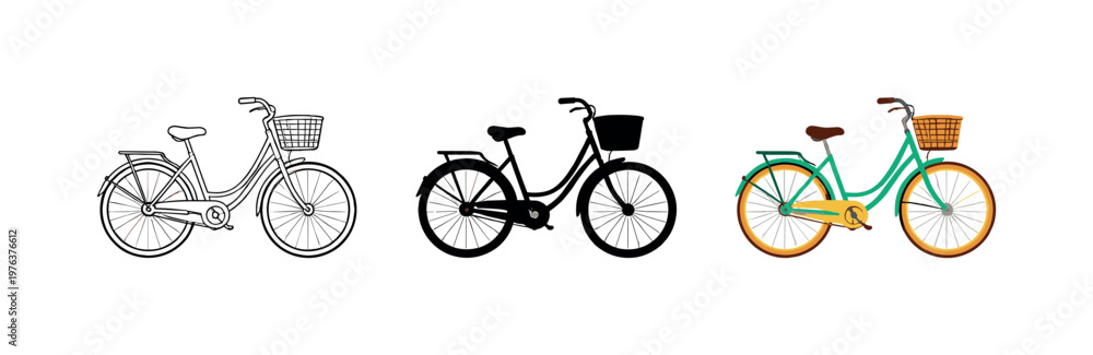 Fototapeta premium Urban sustainability context depicted as a public bicycle with step-through frame, saddle, handlebars, and chain guard shown in