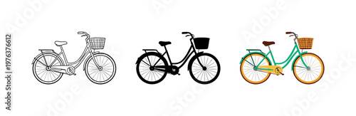 Urban sustainability context depicted as a public bicycle with step-through frame, saddle, handlebars, and chain guard shown in