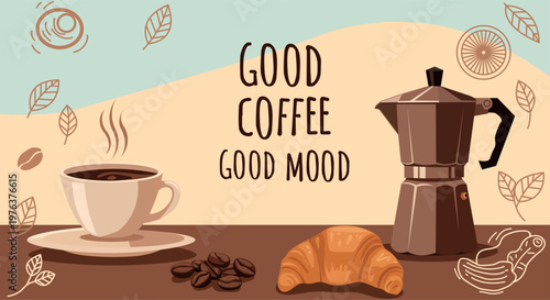 Coffee Cup with Croissant and Moka Pot Flat Vector Illustration, Cafe Breakfast Scene