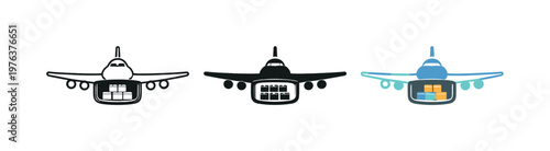 Transit efficiency metaphor conveyed by a cargo airplane with wide wingspan and underbelly freight hold seen in side view,