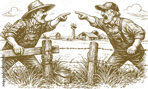 Two Farmers Arguing Over Fence countryside