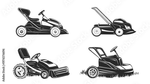 Four black and white illustrations of different lawn mowers, perfect for landscaping needs