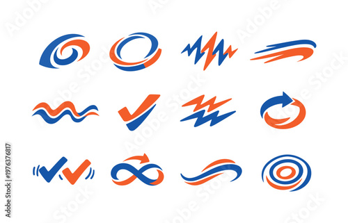 Two-Color vector icons of motion effects: swirl arc, spin ring, shake line, drift streak, wobble curve, tilt mark, flutter line,