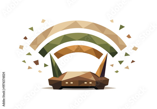 Low-poly vector illustration of stabilized Wi-Fi signal waves after a pulse, angular router centered with crisp triangular