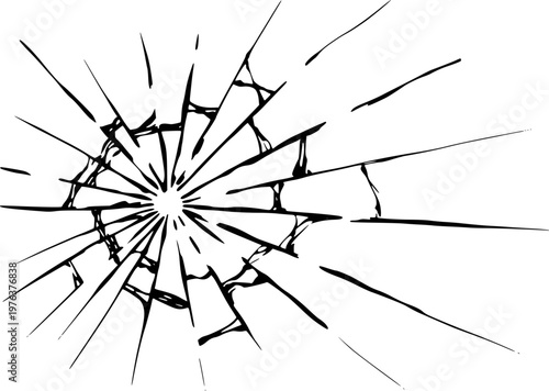 Black ink of shattered glass radiating outwards from a central point white background
