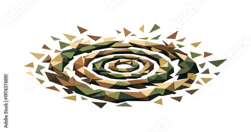 Low-poly vector illustration of distorted ripple waves settling after a glitch burst, angular polygon rings partially fragmented