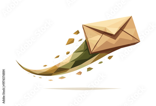 Low-poly vector illustration of an email envelope gliding after the send swoosh, angular envelope stabilizing mid-air while