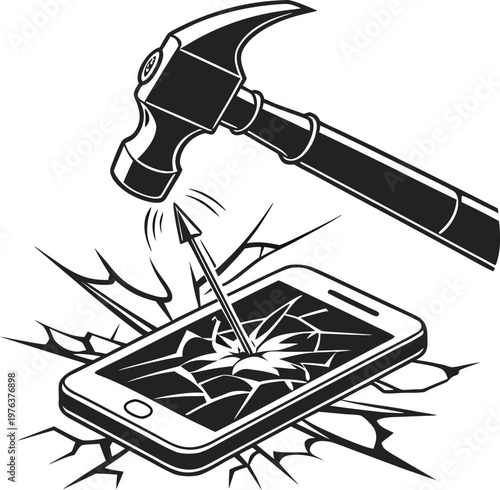 Black and white vector illustration, broken smartphone screen, cracked mobile phone display, hammer smashing phone, damaged device
