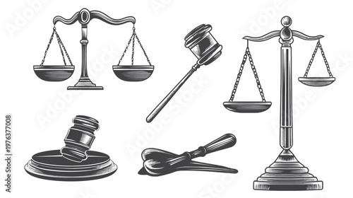 Several grayscale illustrations related to law, featuring scales of justice and judge's gavels