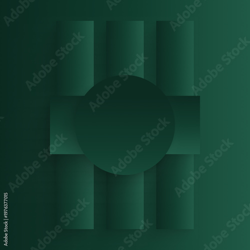 Minimalist abstract geometric dark green background with vertical shapes and centered circle, modern gradient design, structured composition, contemporary visual balance